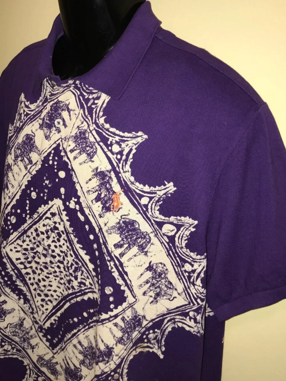 Men's Vintage Polo Ralph Lauren Aztec Elephant AOP Polo Shirt-Size XL(Custom Fit